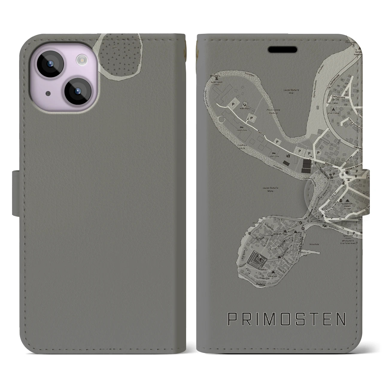 【プリモシュテン(クロアチア)】地図柄iPhoneケース(手帳タイプ)モノトーン・iPhone 14 用
