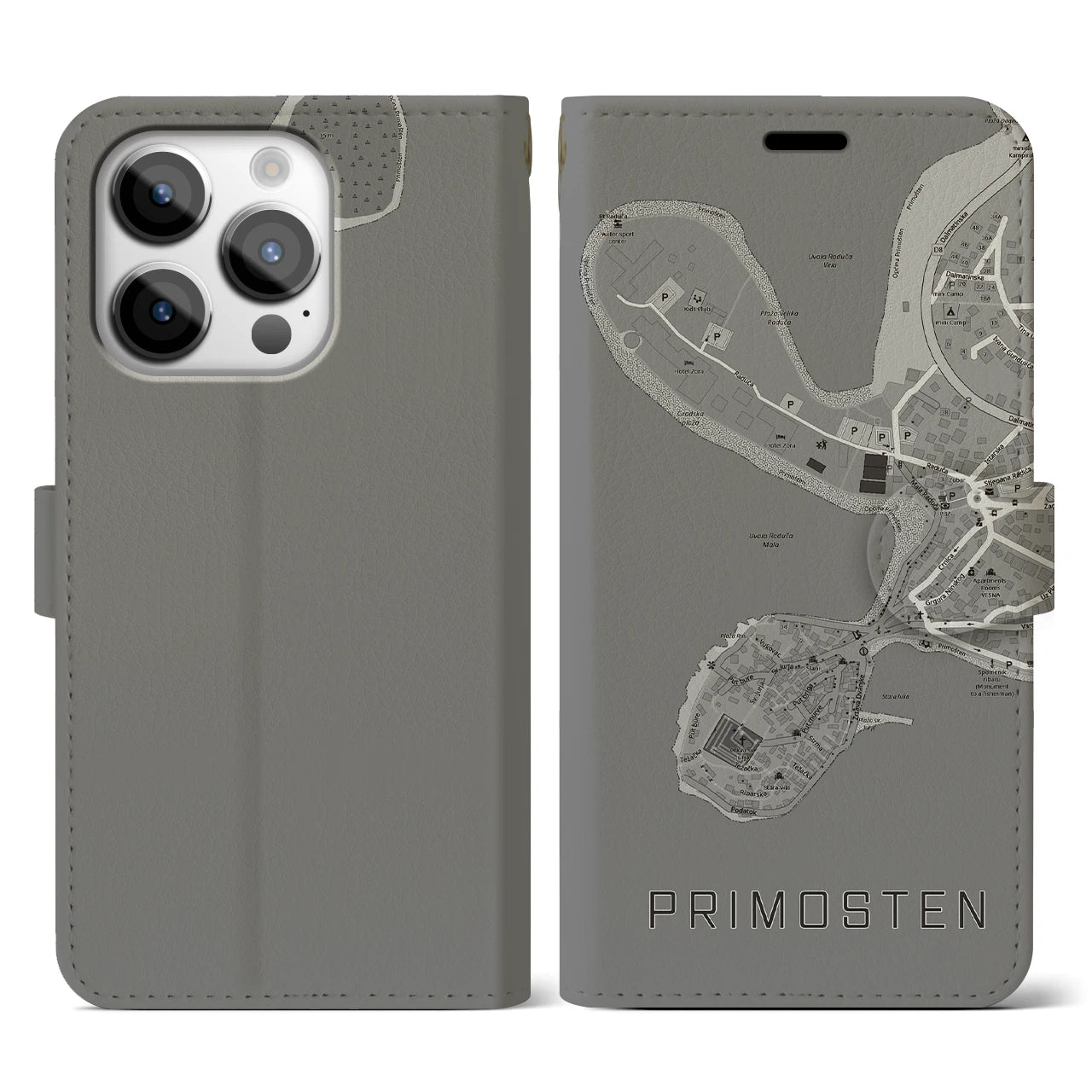 【プリモシュテン(クロアチア)】地図柄iPhoneケース(手帳タイプ)モノトーン・iPhone 14 Pro 用