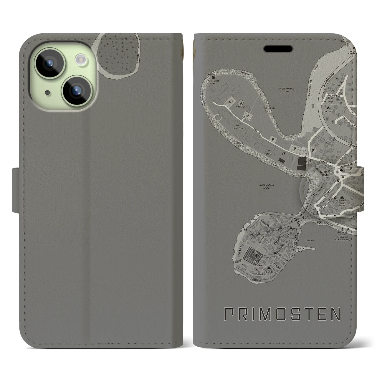 【プリモシュテン(クロアチア)】地図柄iPhoneケース(手帳タイプ)モノトーン・iPhone 15 用