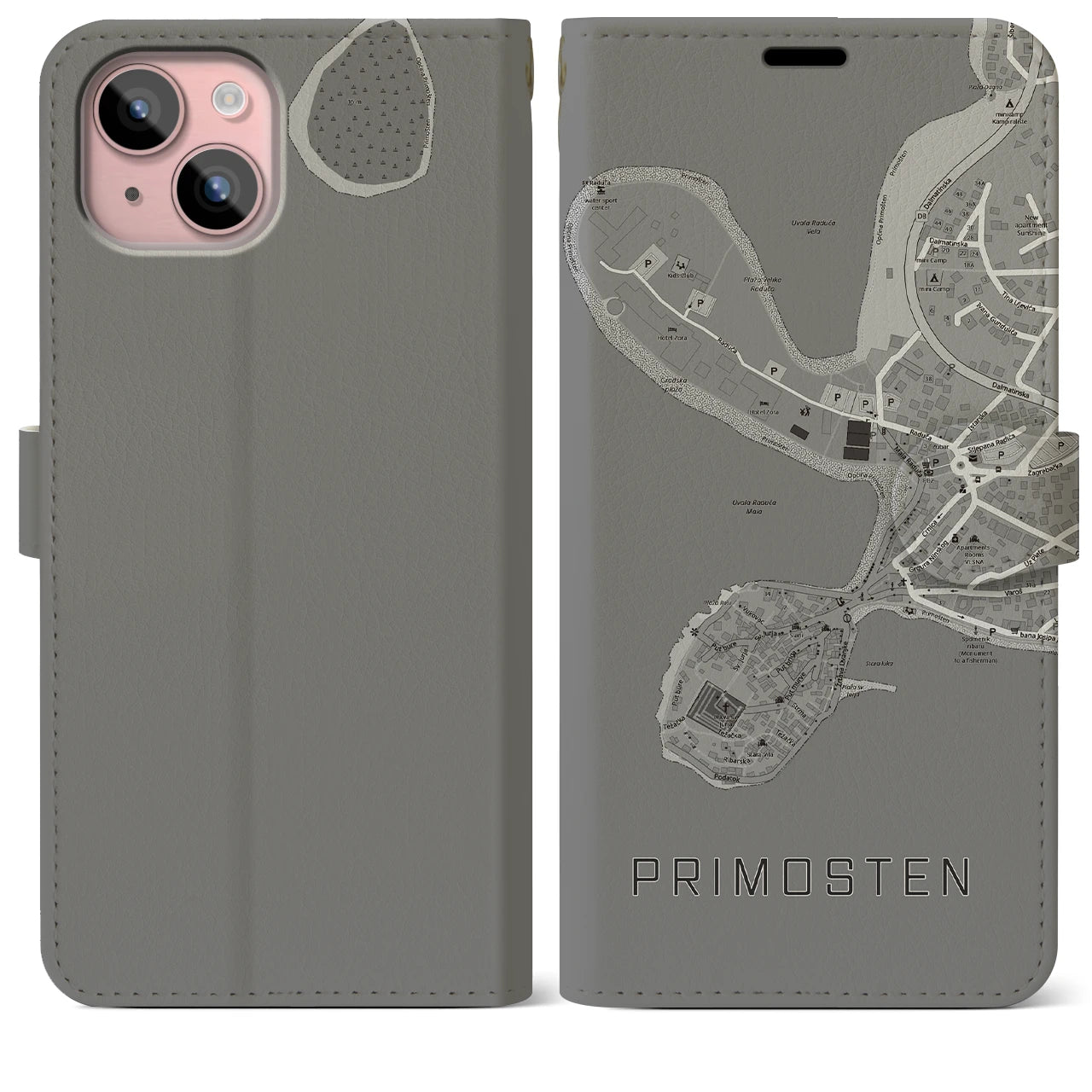 【プリモシュテン(クロアチア)】地図柄iPhoneケース(手帳タイプ)モノトーン・iPhone 15 Plus 用