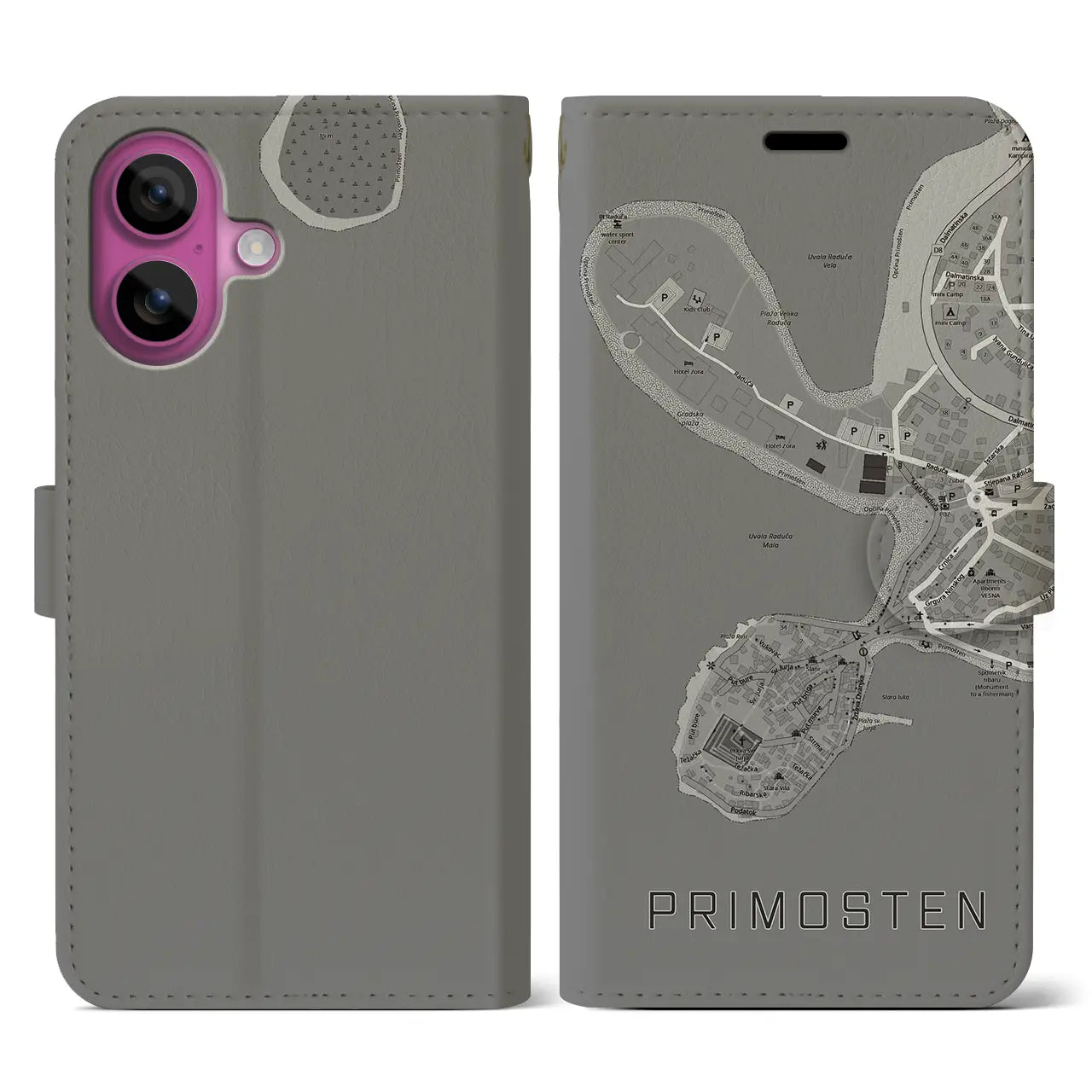 【プリモシュテン(クロアチア)】地図柄iPhoneケース(手帳タイプ)モノトーン・iPhone 16 Pro 用