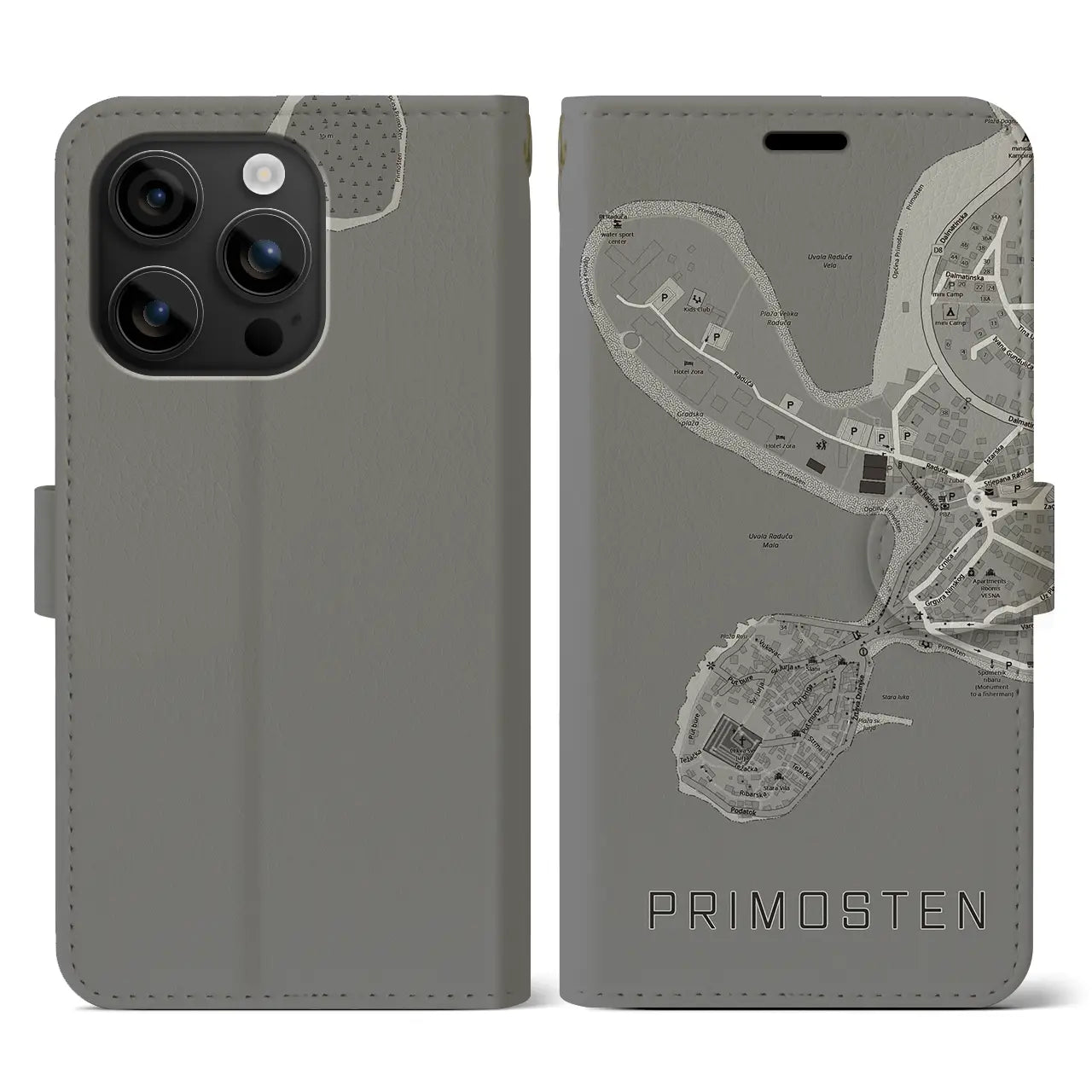 【プリモシュテン(クロアチア)】地図柄iPhoneケース(手帳タイプ)モノトーン・iPhone 16 用