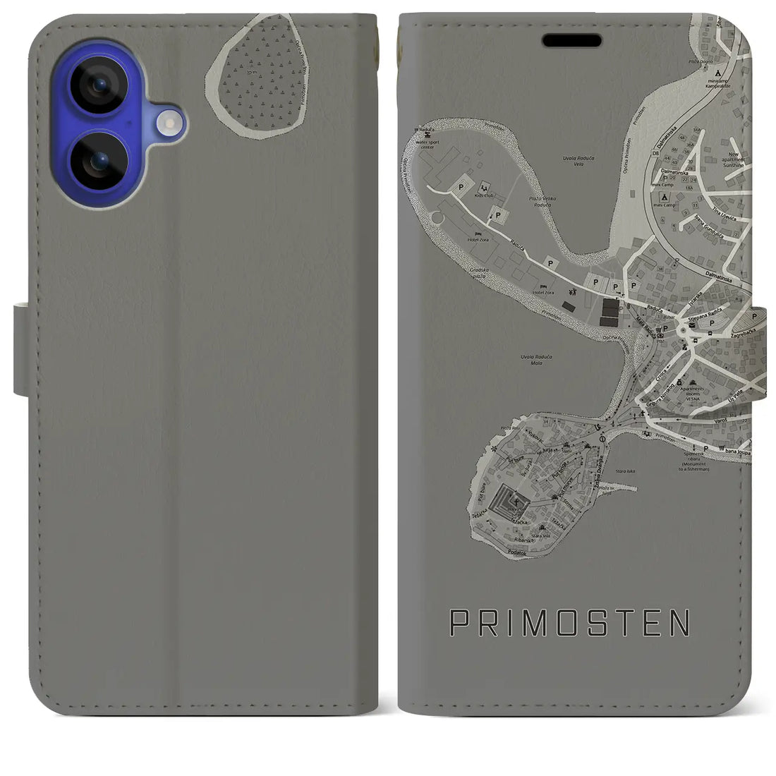 【プリモシュテン(クロアチア)】地図柄iPhoneケース(手帳タイプ)モノトーン・iPhone 16 Pro Max 用