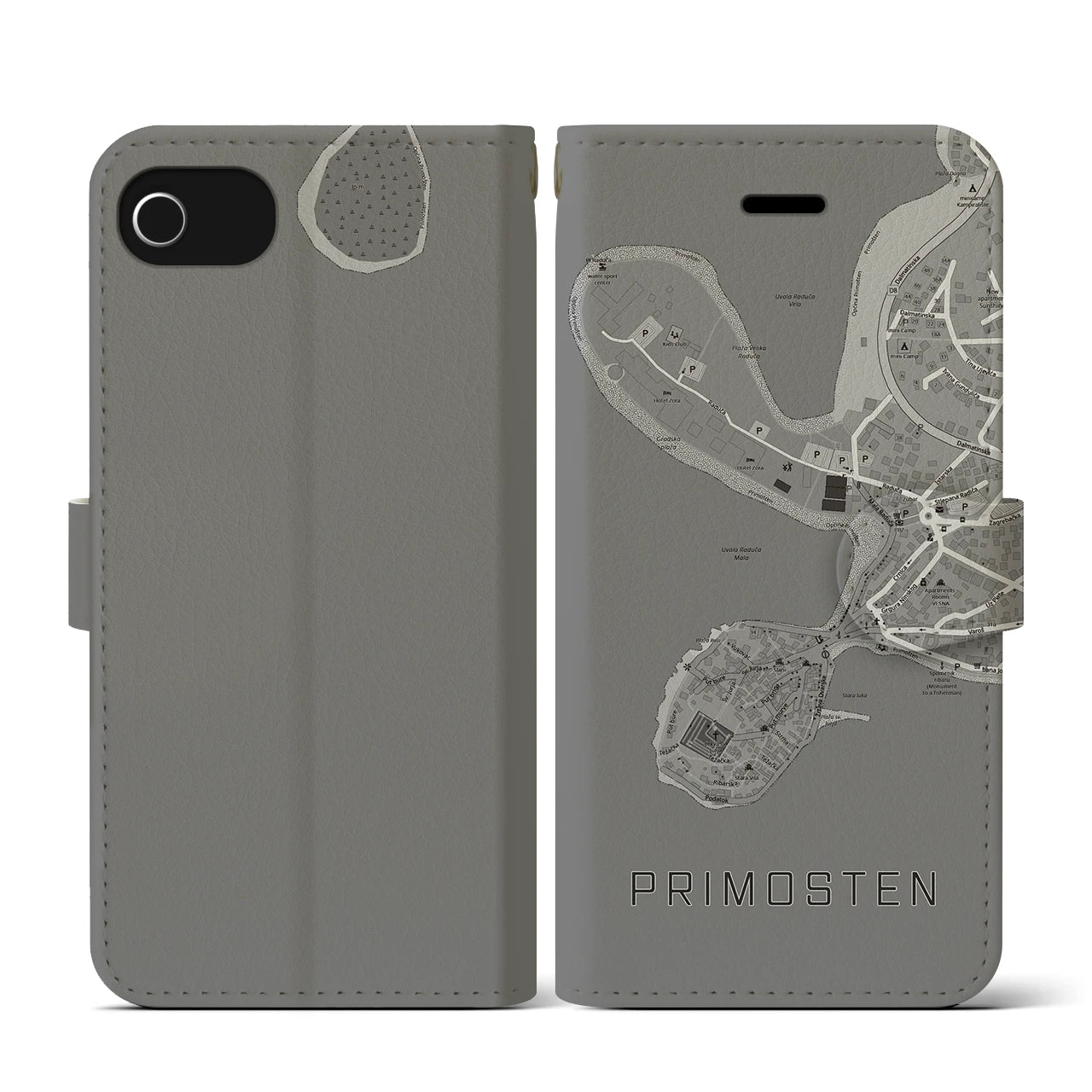 【プリモシュテン(クロアチア)】地図柄iPhoneケース(手帳タイプ)モノトーン・iPhone SE(第3 / 第2世代) / 8 / 7 / 6s / 6 用