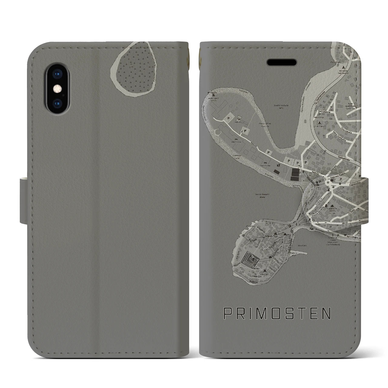 【プリモシュテン(クロアチア)】地図柄iPhoneケース(手帳タイプ)モノトーン・iPhone XS / X 用