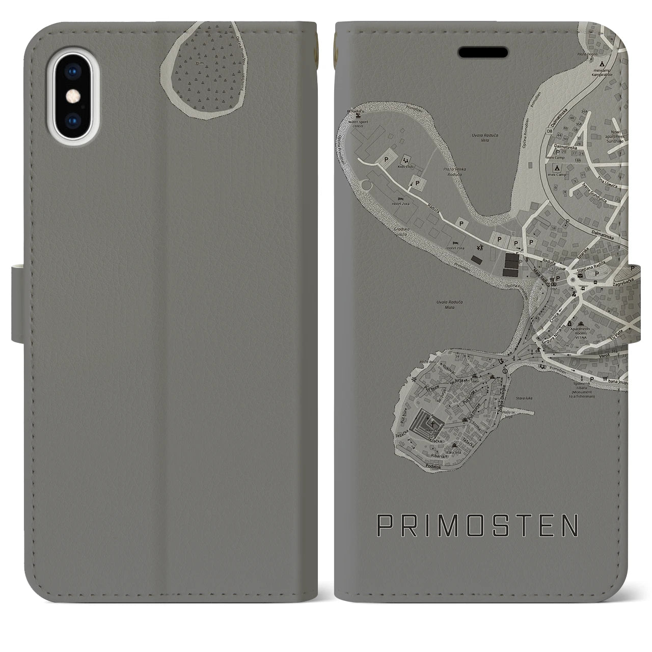 【プリモシュテン(クロアチア)】地図柄iPhoneケース(手帳タイプ)モノトーン・iPhone XS Max 用