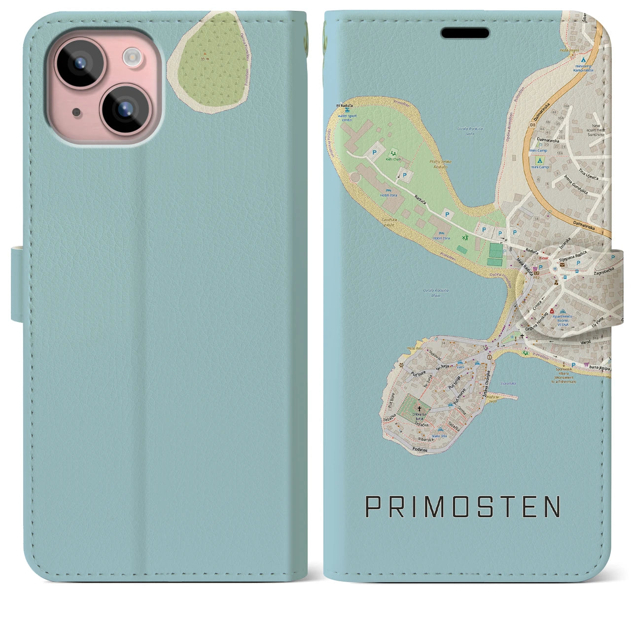 【プリモシュテン(クロアチア)】地図柄iPhoneケース(手帳タイプ)ナチュラル・iPhone 15 Plus 用
