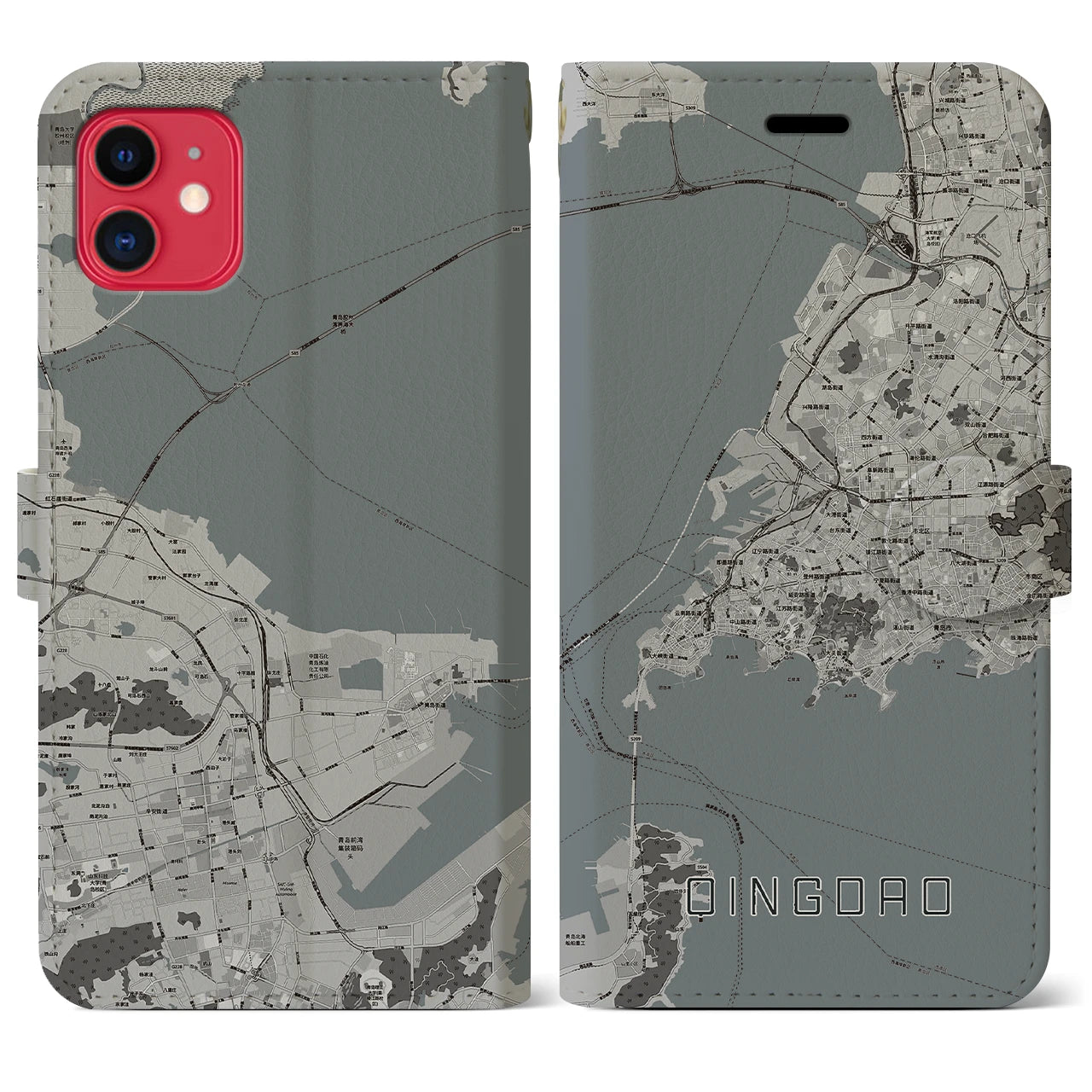 【青島(中華人民共和国)】地図柄iPhoneケース(手帳タイプ)モノトーン・iPhone 11 用