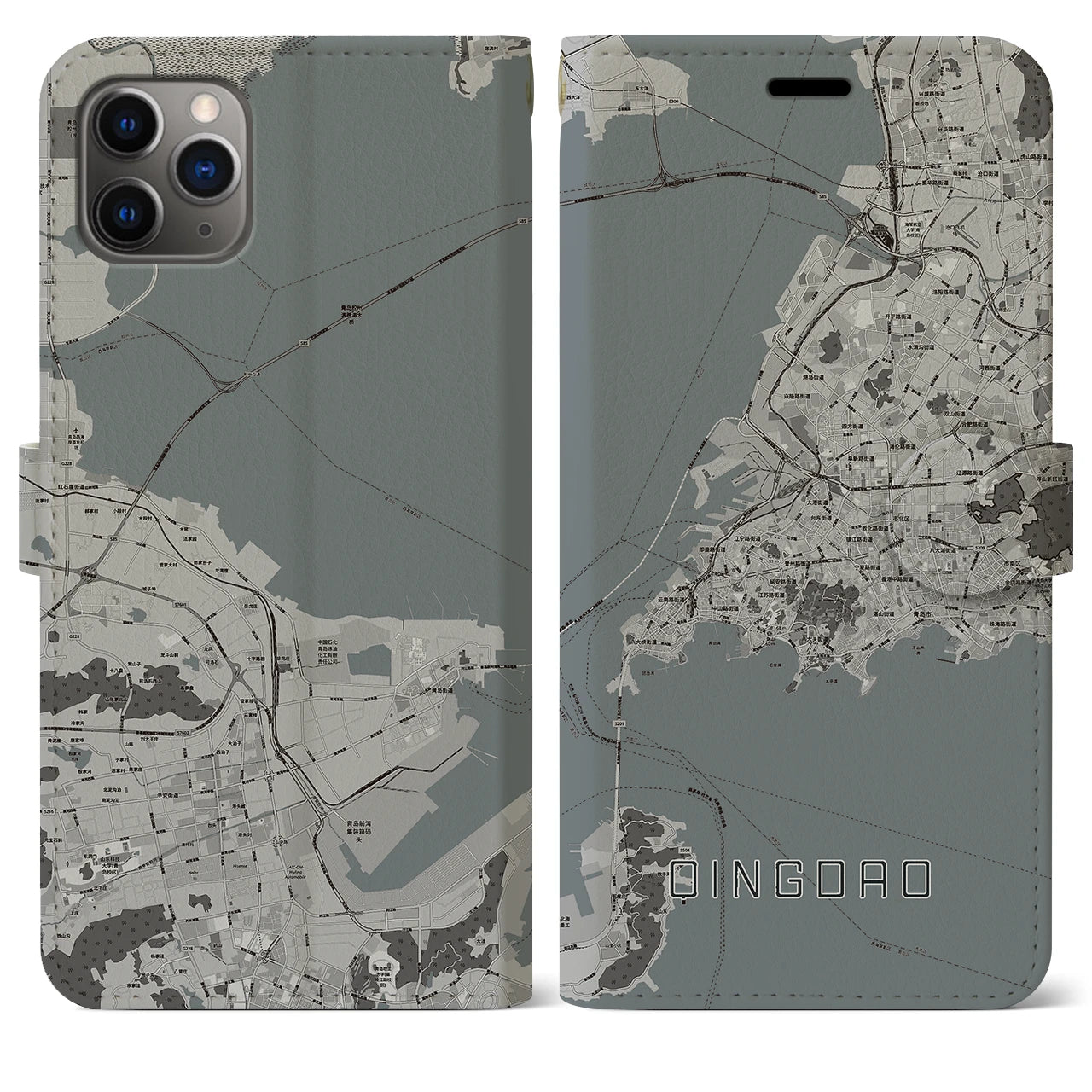 【青島(中華人民共和国)】地図柄iPhoneケース(手帳タイプ)モノトーン・iPhone 11 Pro Max 用