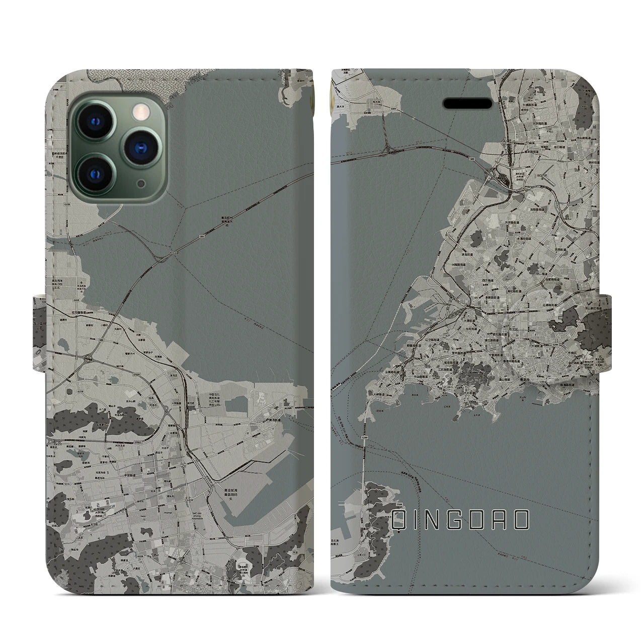 【青島(中華人民共和国)】地図柄iPhoneケース(手帳タイプ)モノトーン・iPhone 11 Pro 用