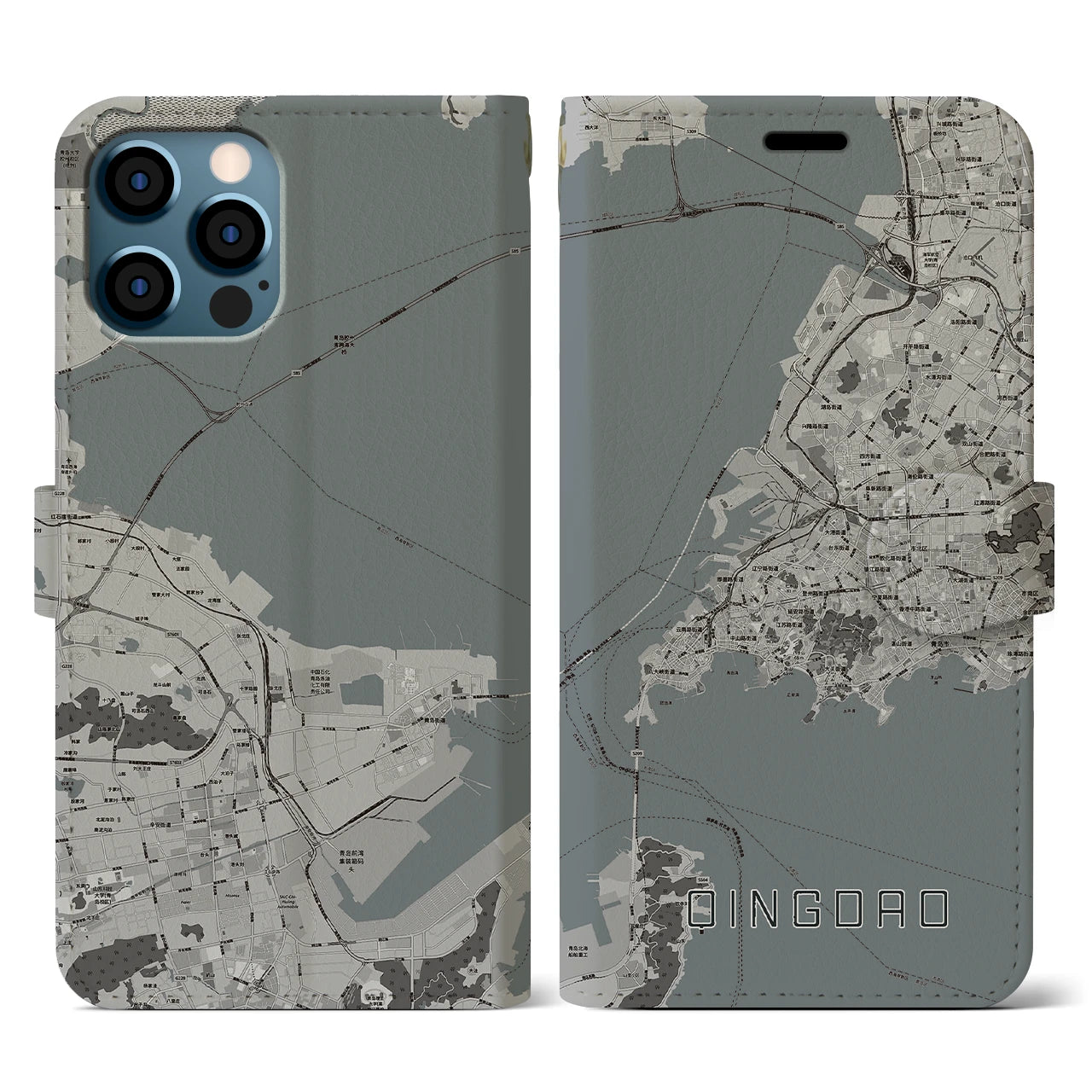 【青島(中華人民共和国)】地図柄iPhoneケース(手帳タイプ)モノトーン・iPhone 12 / 12 Pro 用