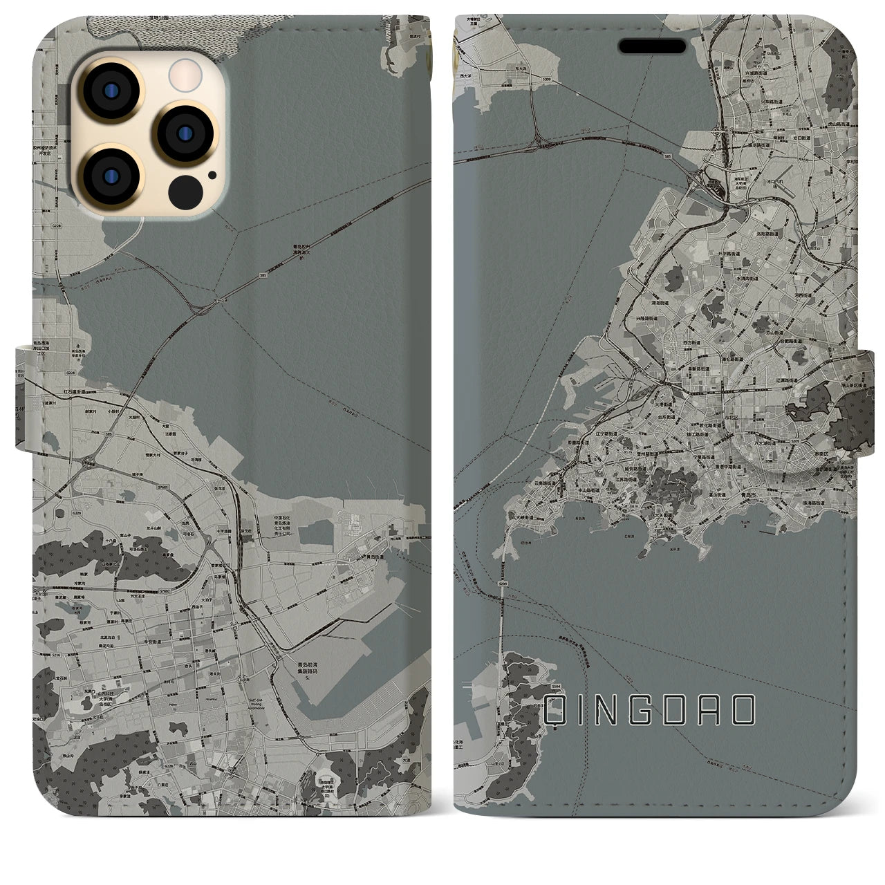 【青島(中華人民共和国)】地図柄iPhoneケース(手帳タイプ)モノトーン・iPhone 12 Pro Max 用