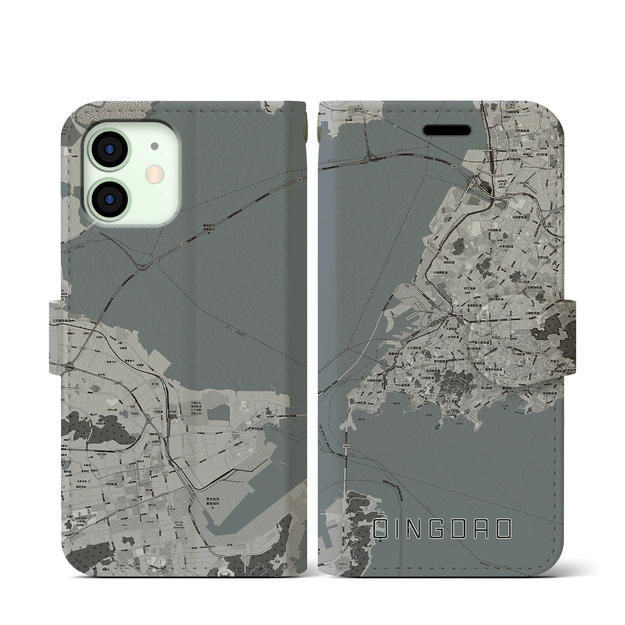 【青島(中華人民共和国)】地図柄iPhoneケース(手帳タイプ)モノトーン・iPhone 12 mini 用