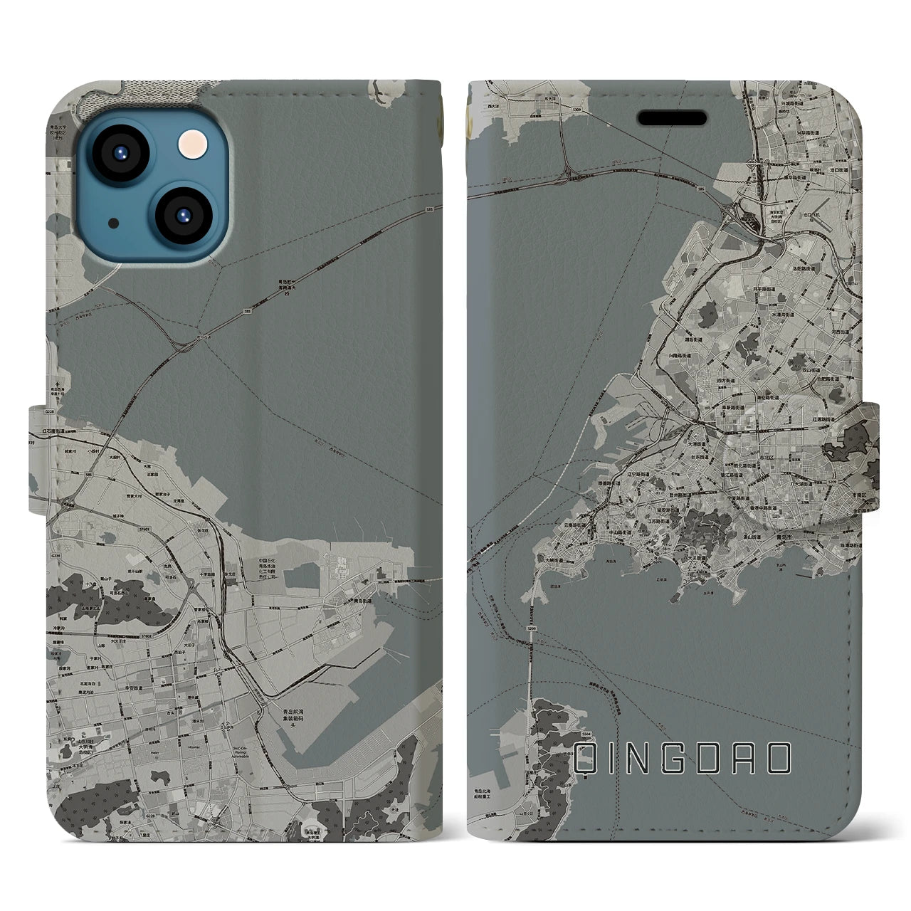 【青島(中華人民共和国)】地図柄iPhoneケース(手帳タイプ)モノトーン・iPhone 13 用