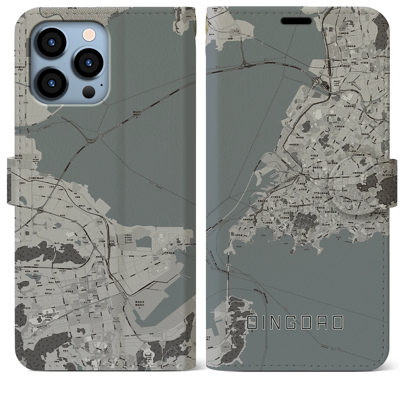 【青島(中華人民共和国)】地図柄iPhoneケース(手帳タイプ)モノトーン・iPhone 13 Pro Max 用