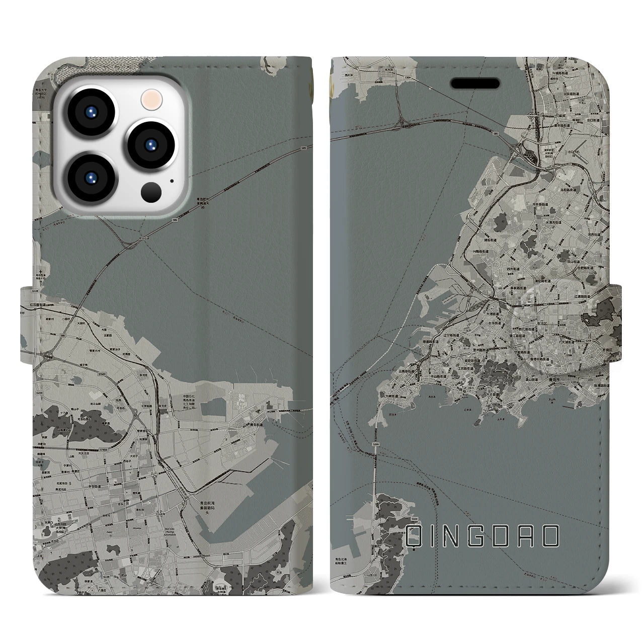 【青島(中華人民共和国)】地図柄iPhoneケース(手帳タイプ)モノトーン・iPhone 13 Pro 用