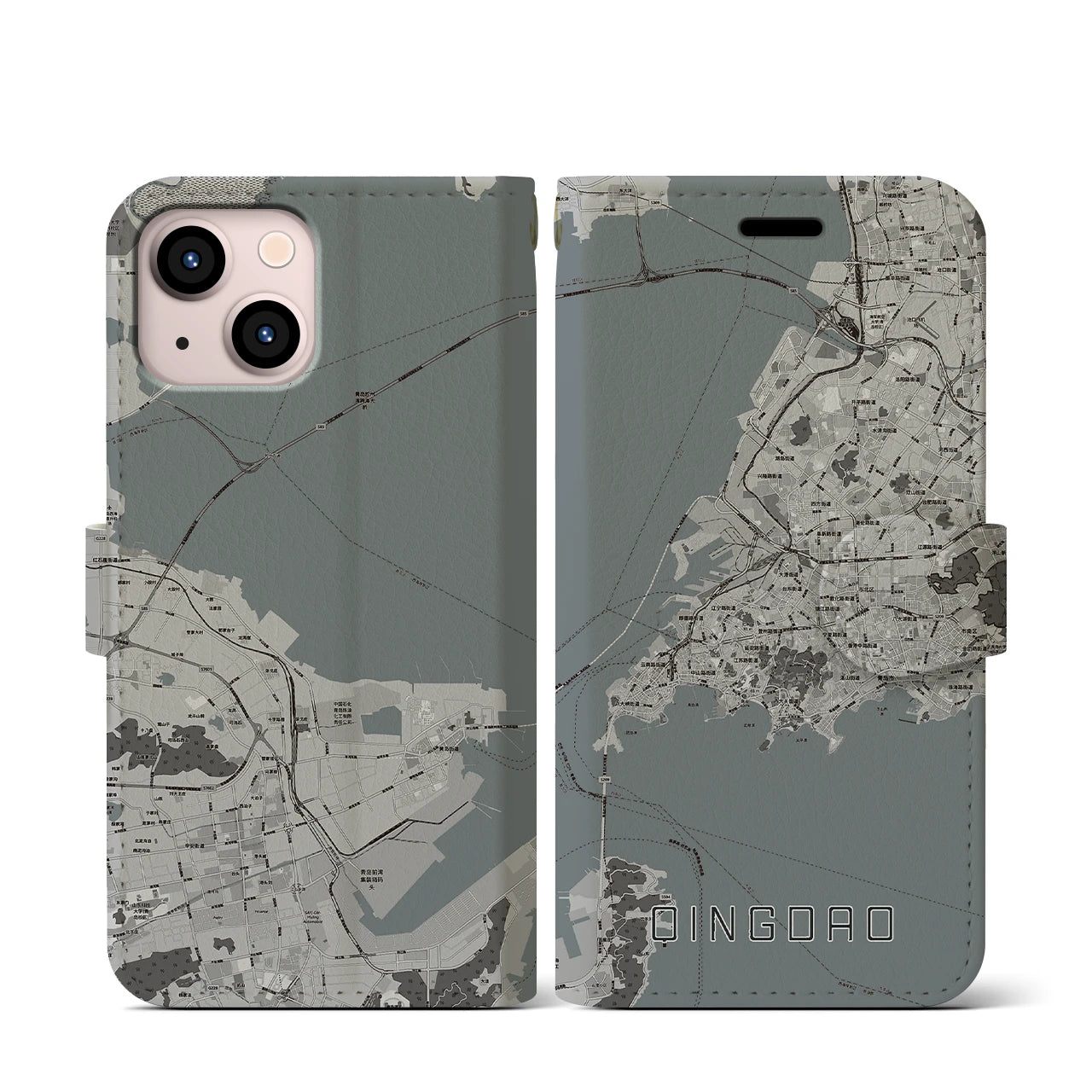 【青島(中華人民共和国)】地図柄iPhoneケース(手帳タイプ)モノトーン・iPhone 13 mini 用