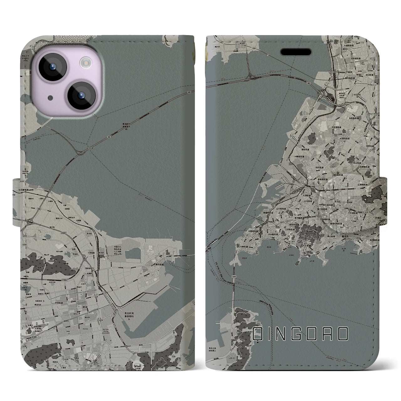 【青島(中華人民共和国)】地図柄iPhoneケース(手帳タイプ)モノトーン・iPhone 14 用