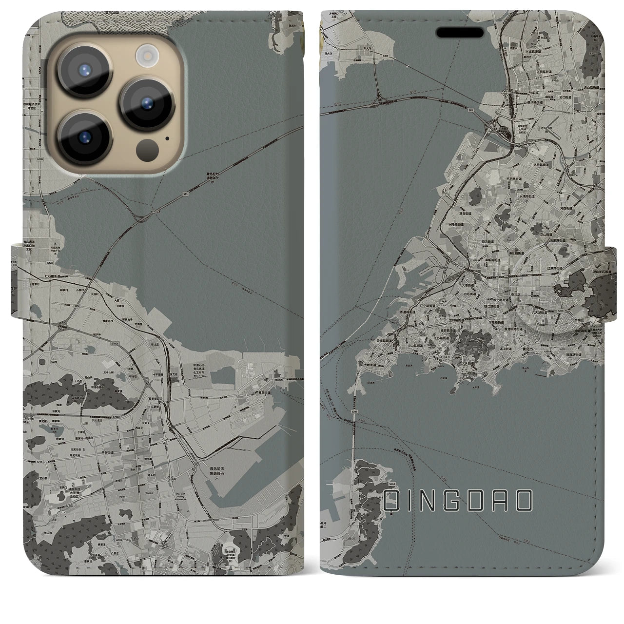 【青島(中華人民共和国)】地図柄iPhoneケース(手帳タイプ)モノトーン・iPhone 14 Pro Max 用
