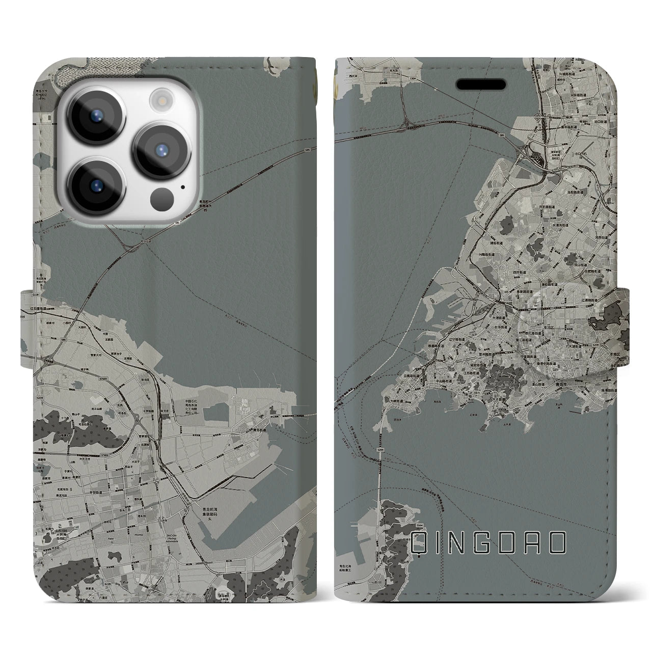 【青島(中華人民共和国)】地図柄iPhoneケース(手帳タイプ)モノトーン・iPhone 14 Pro 用