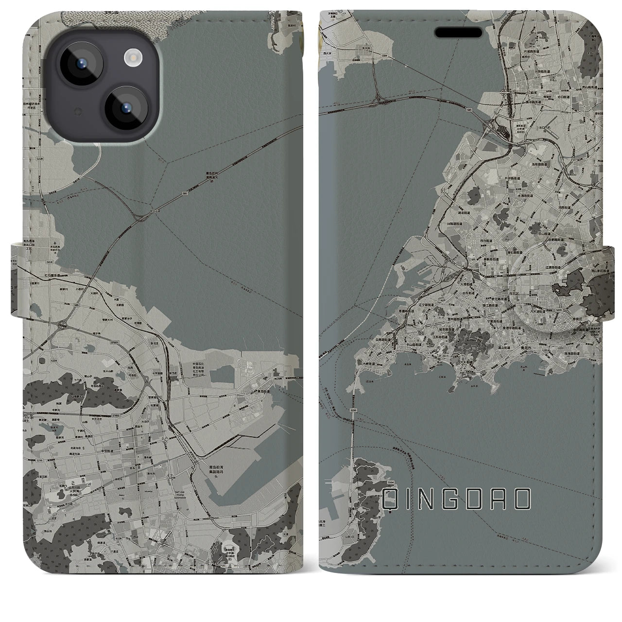 【青島(中華人民共和国)】地図柄iPhoneケース(手帳タイプ)モノトーン・iPhone 14 Plus 用