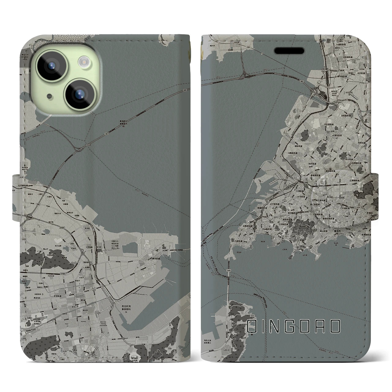 【青島(中華人民共和国)】地図柄iPhoneケース(手帳タイプ)モノトーン・iPhone 15 用