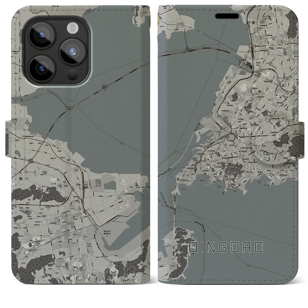 【青島(中華人民共和国)】地図柄iPhoneケース(手帳タイプ)モノトーン・iPhone 15 Pro Max 用