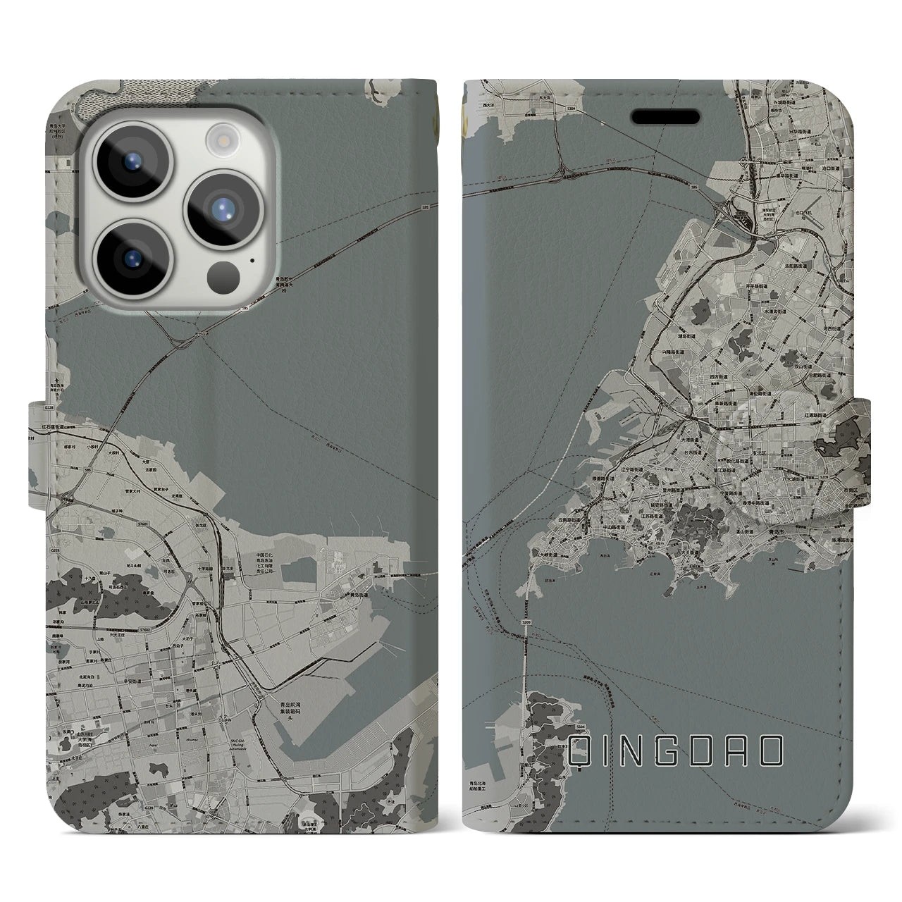 【青島(中華人民共和国)】地図柄iPhoneケース(手帳タイプ)モノトーン・iPhone 15 Pro 用