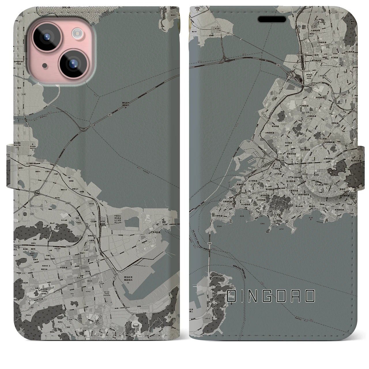 【青島(中華人民共和国)】地図柄iPhoneケース(手帳タイプ)モノトーン・iPhone 15 Plus 用