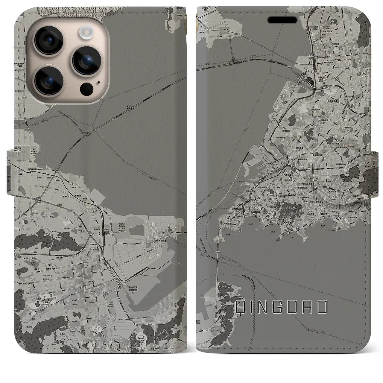 【青島(中華人民共和国)】地図柄iPhoneケース(手帳タイプ)モノトーン・iPhone 16 Plus 用