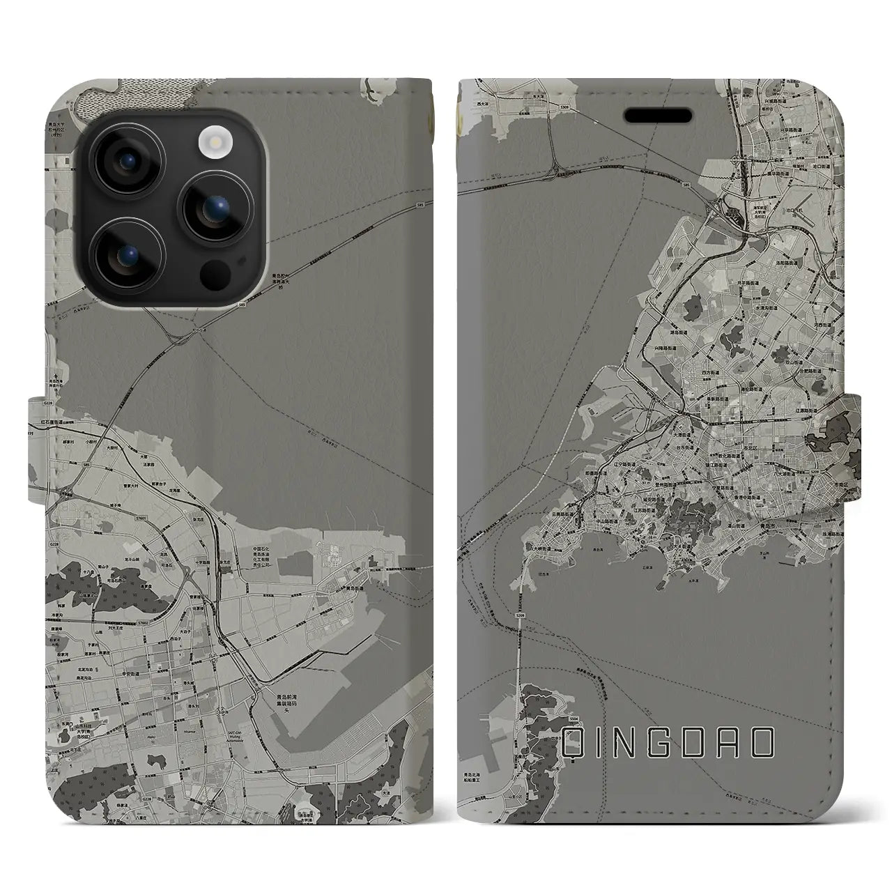 【青島(中華人民共和国)】地図柄iPhoneケース(手帳タイプ)モノトーン・iPhone 16 用