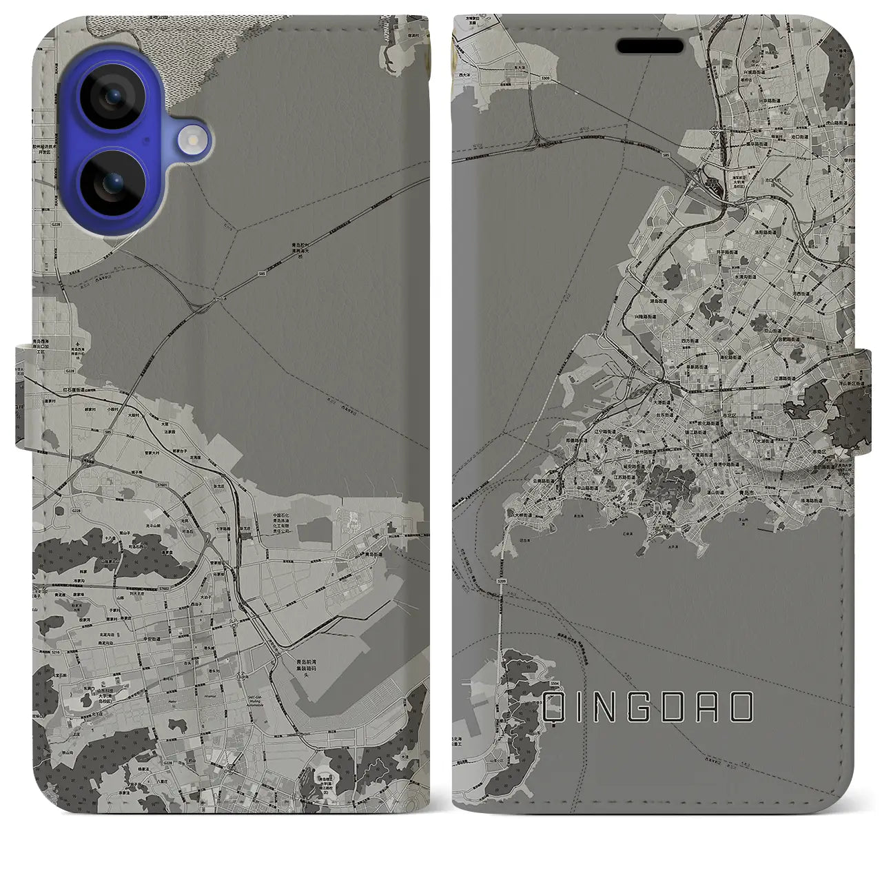 【青島(中華人民共和国)】地図柄iPhoneケース(手帳タイプ)モノトーン・iPhone 16 Pro Max 用