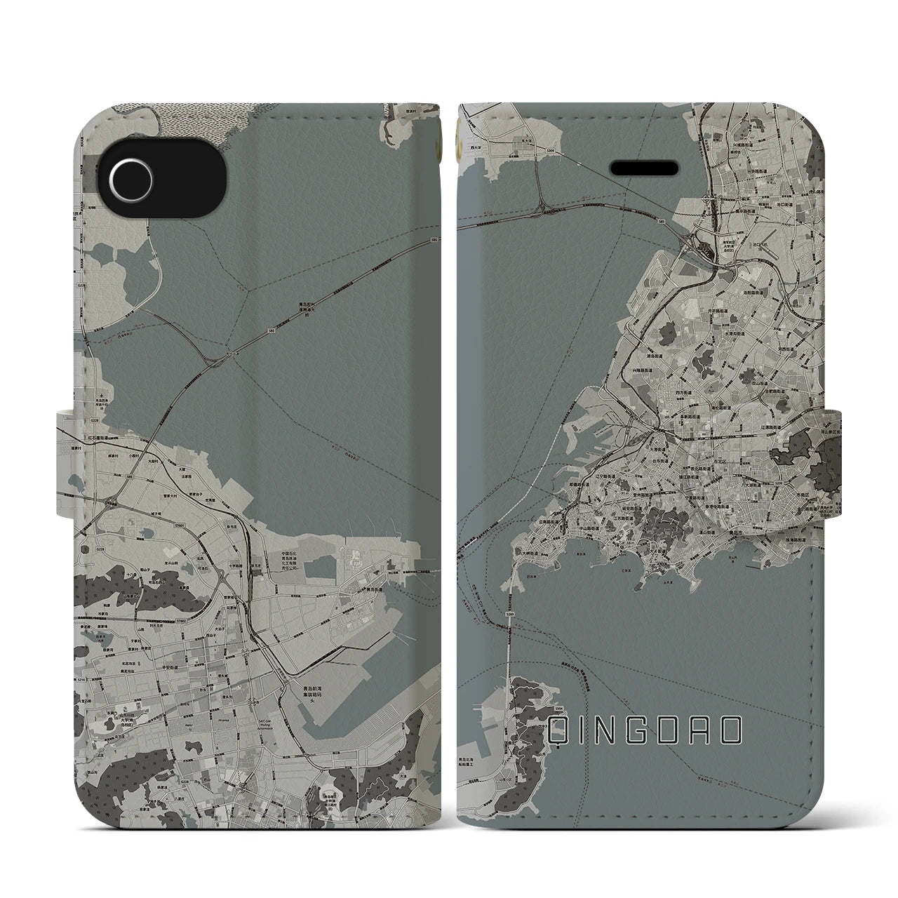 【青島(中華人民共和国)】地図柄iPhoneケース(手帳タイプ)モノトーン・iPhone SE(第3 / 第2世代) / 8 / 7 / 6s / 6 用