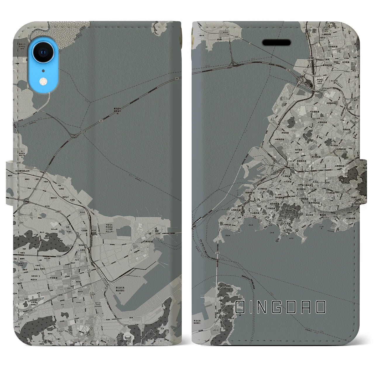 【青島(中華人民共和国)】地図柄iPhoneケース(手帳タイプ)モノトーン・iPhone XR 用