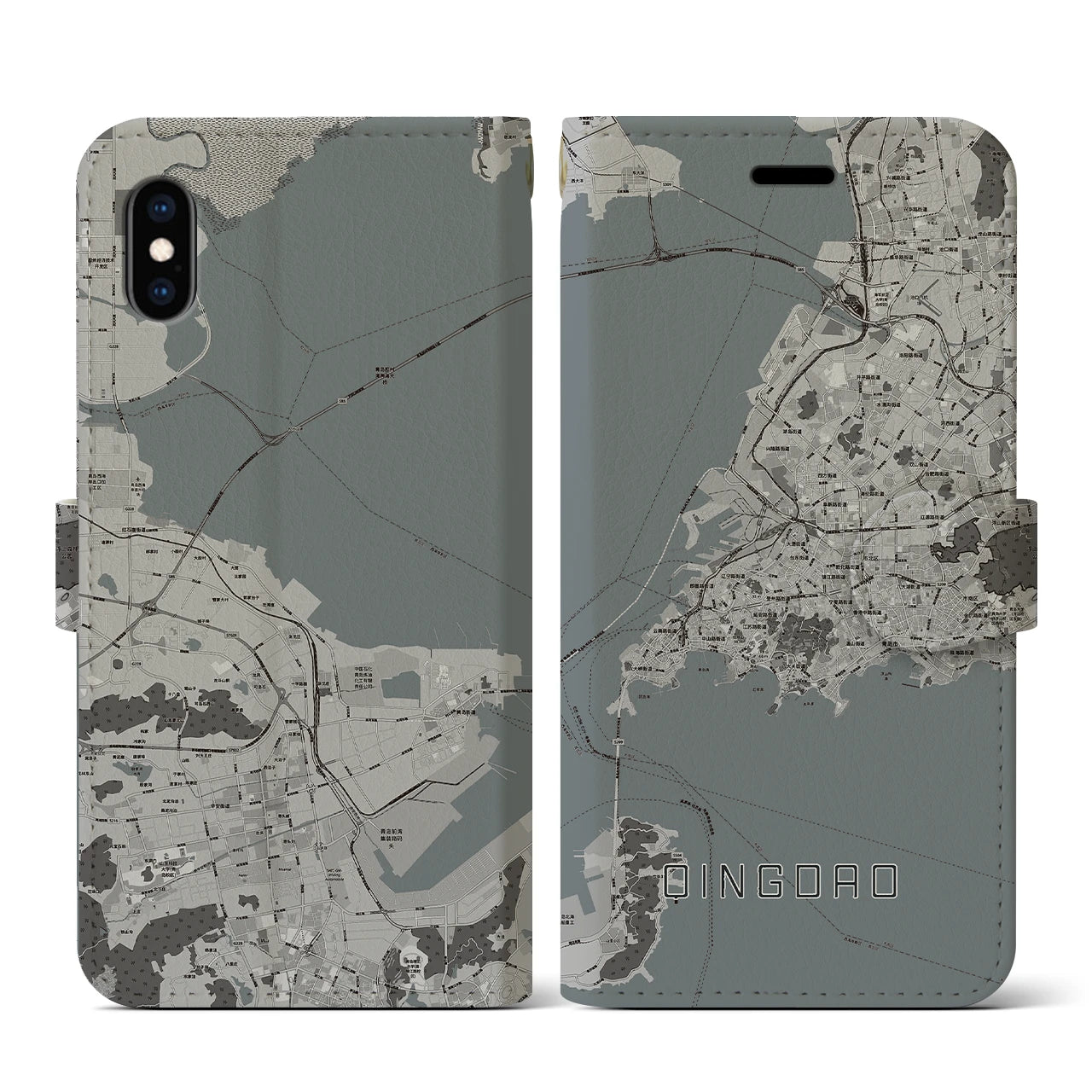 【青島(中華人民共和国)】地図柄iPhoneケース(手帳タイプ)モノトーン・iPhone XS / X 用