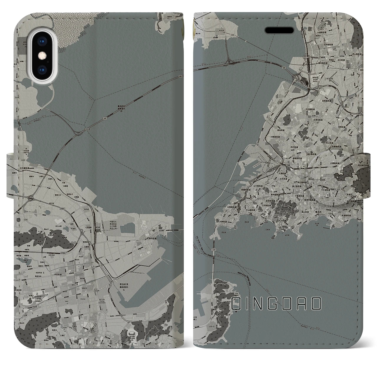 【青島(中華人民共和国)】地図柄iPhoneケース(手帳タイプ)モノトーン・iPhone XS Max 用