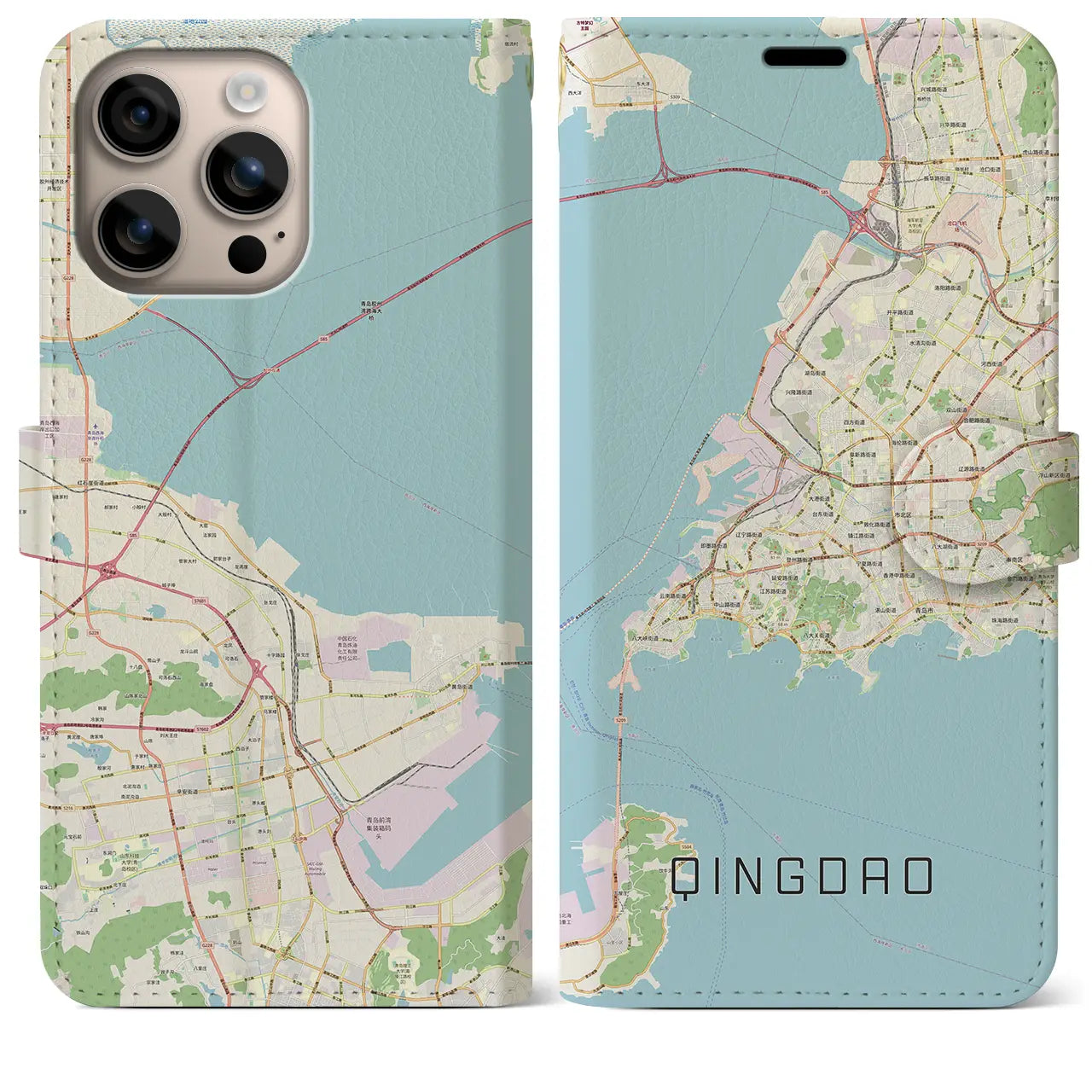 【青島(中華人民共和国)】地図柄iPhoneケース(手帳タイプ)ナチュラル・iPhone 16 Plus 用