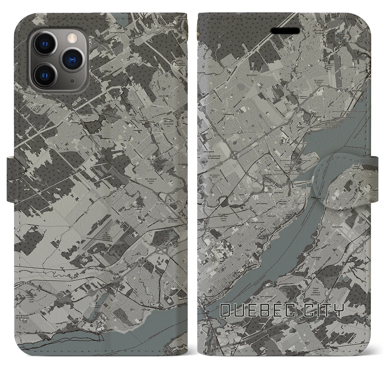 【ケベック・シティー(カナダ)】地図柄iPhoneケース(手帳タイプ)モノトーン・iPhone 11 Pro Max 用