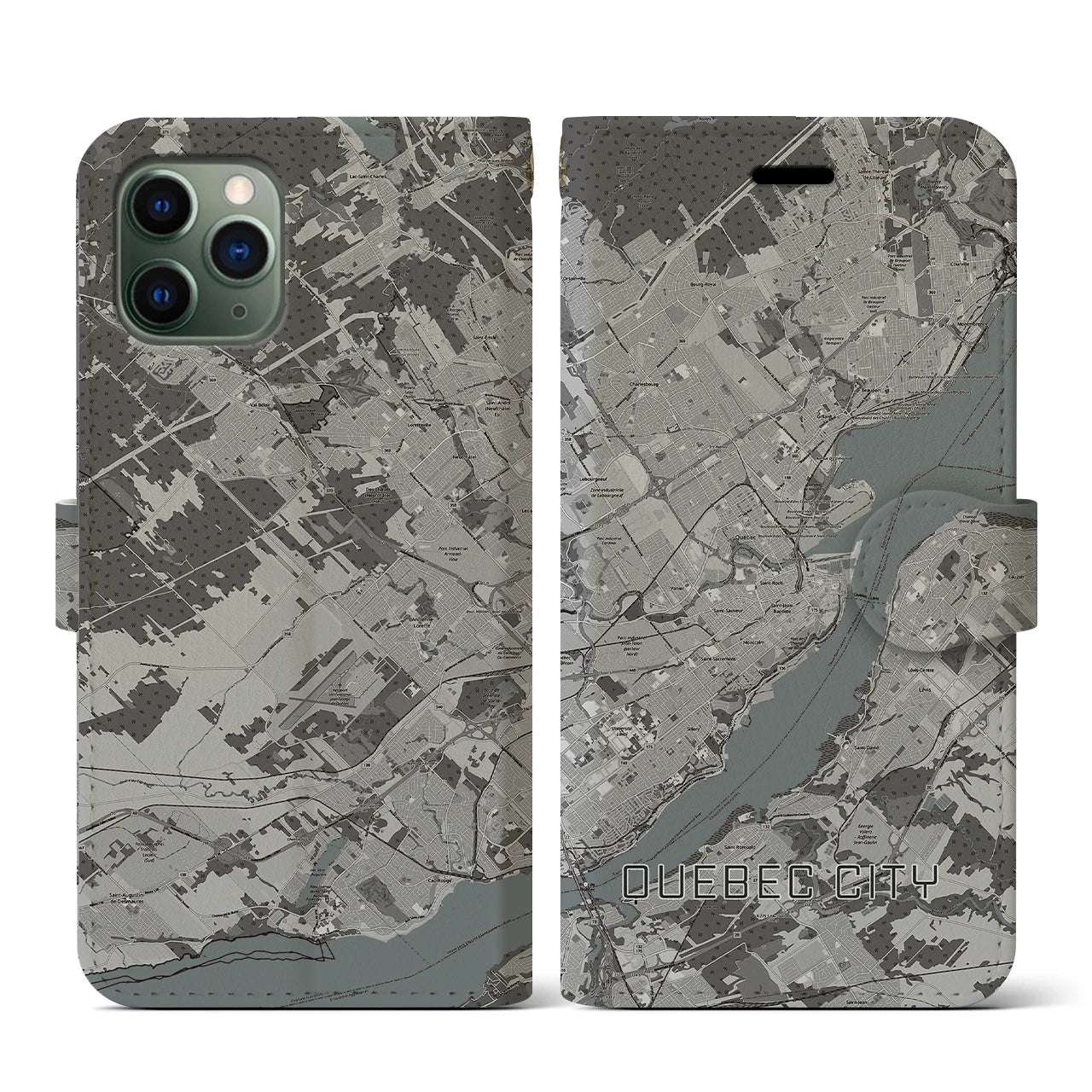 【ケベック・シティー(カナダ)】地図柄iPhoneケース(手帳タイプ)モノトーン・iPhone 11 Pro 用