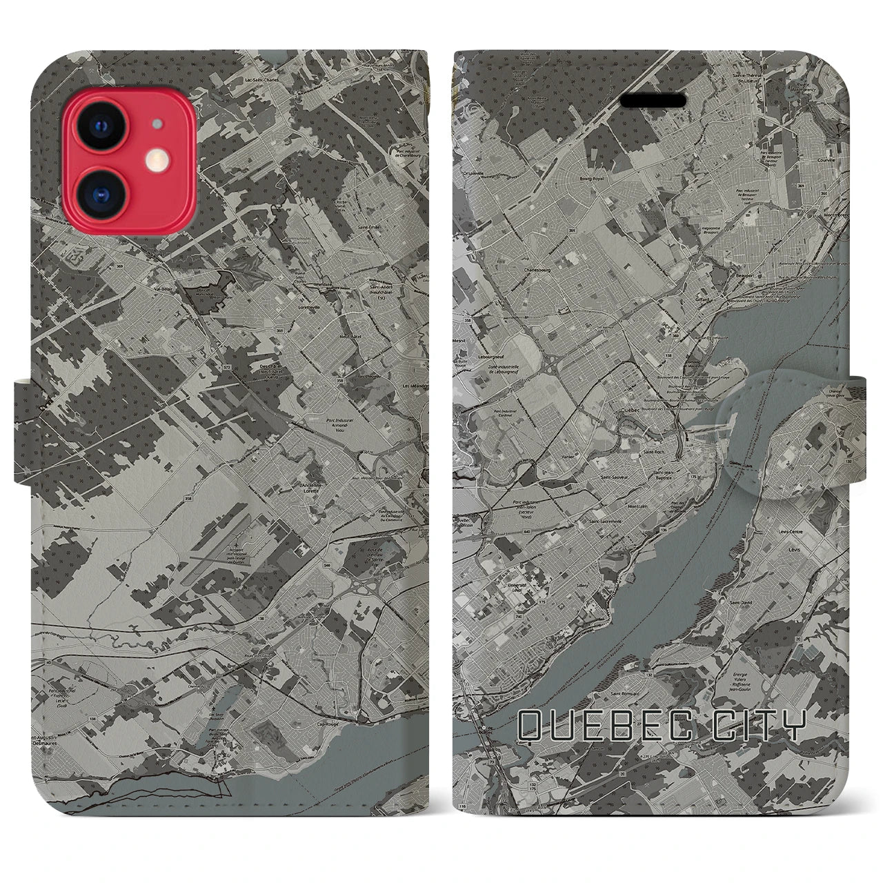 【ケベック・シティー(カナダ)】地図柄iPhoneケース(手帳タイプ)モノトーン・iPhone 11 用