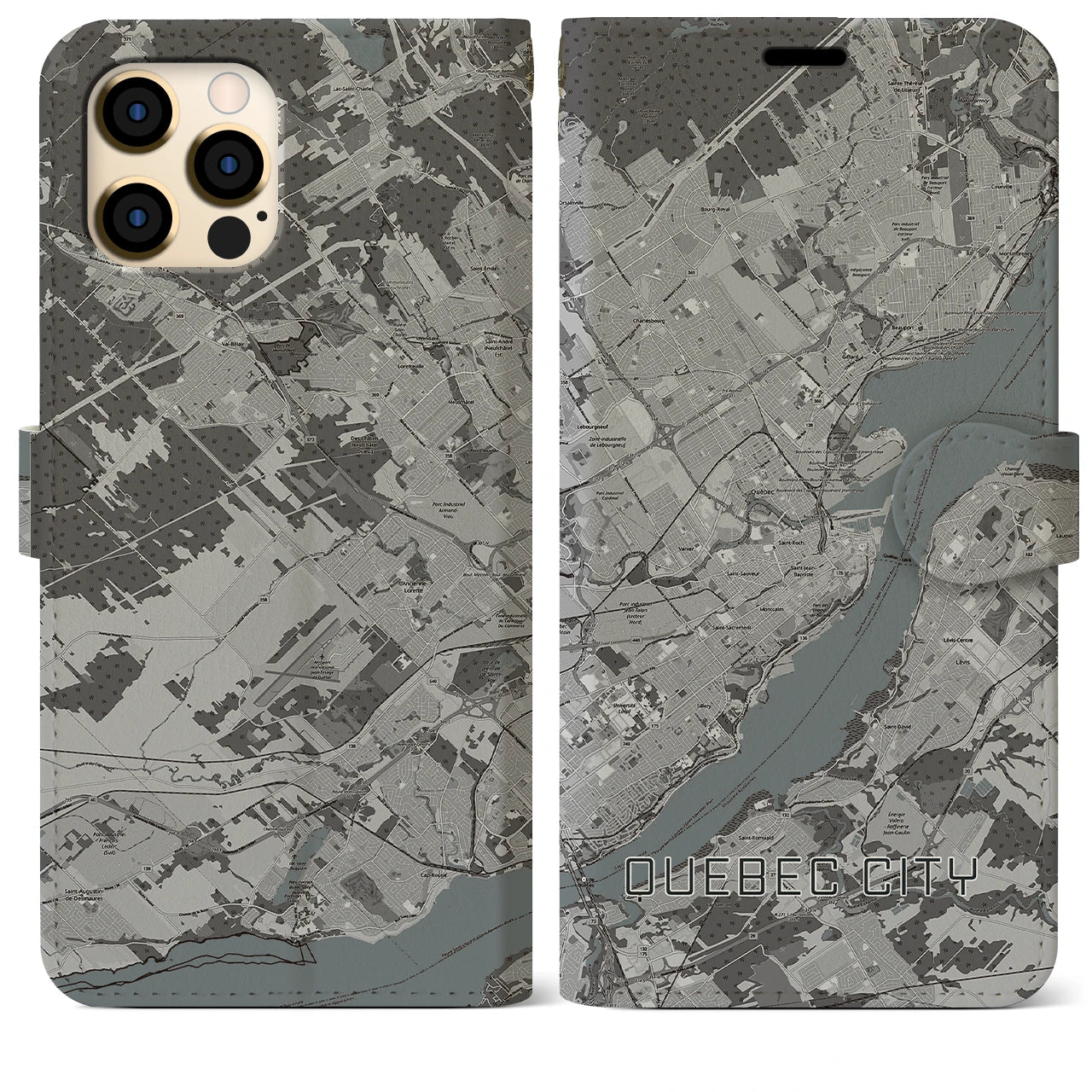 【ケベック・シティー(カナダ)】地図柄iPhoneケース(手帳タイプ)モノトーン・iPhone 12 Pro Max 用