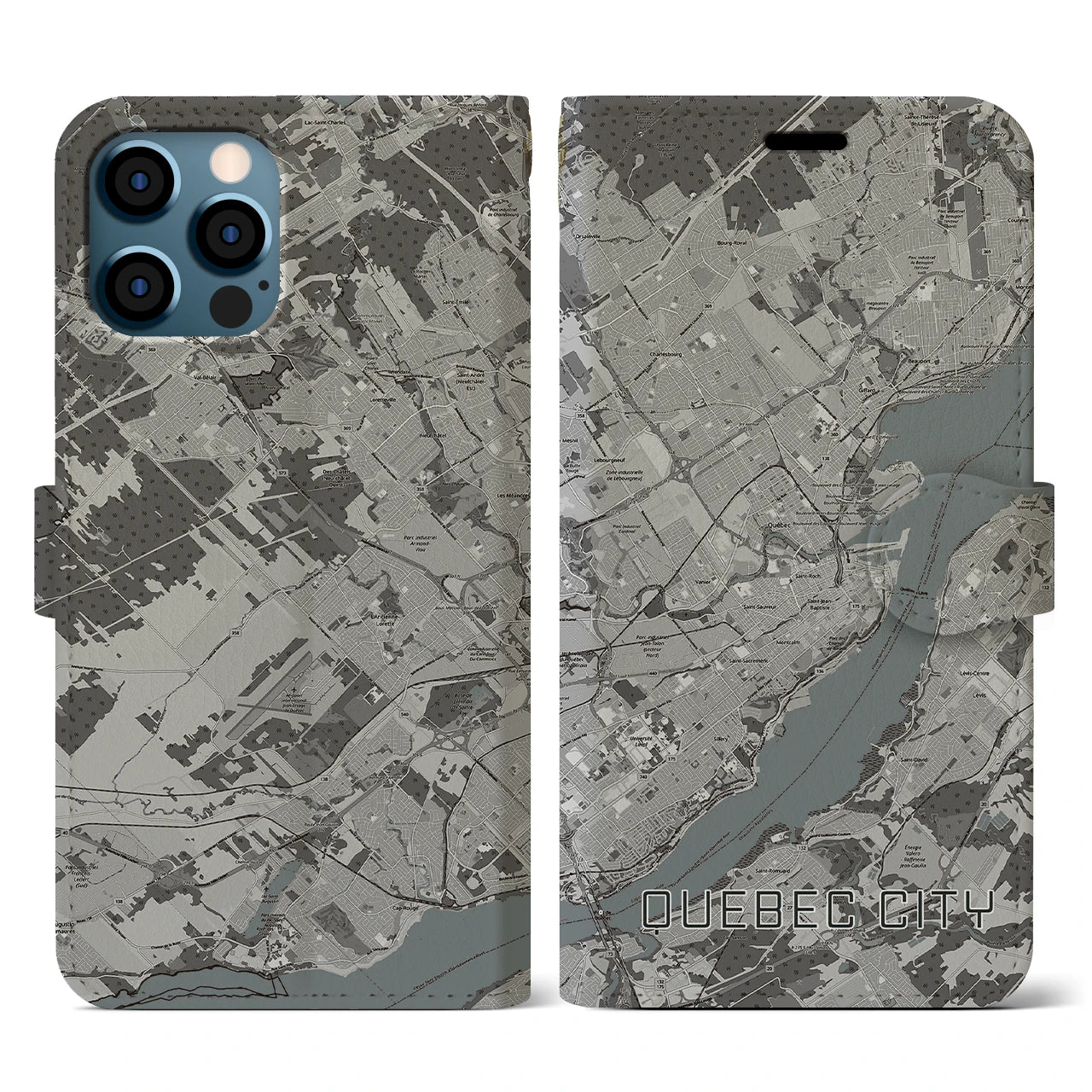 【ケベック・シティー(カナダ)】地図柄iPhoneケース(手帳タイプ)モノトーン・iPhone 12 / 12 Pro 用