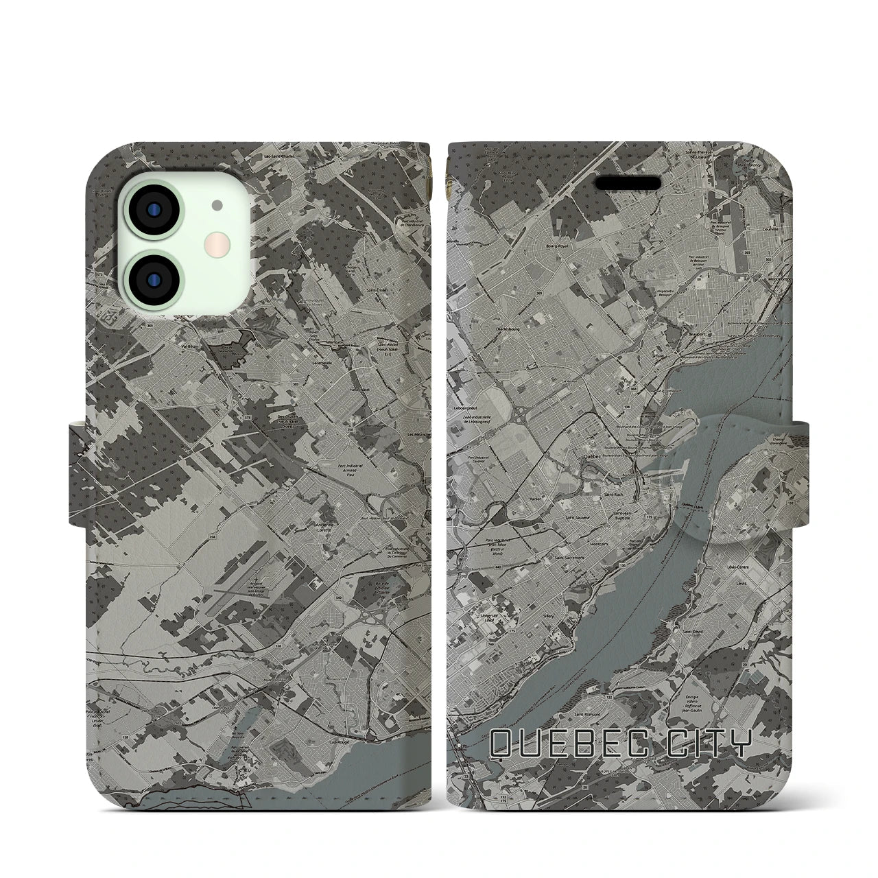 【ケベック・シティー(カナダ)】地図柄iPhoneケース(手帳タイプ)モノトーン・iPhone 12 mini 用