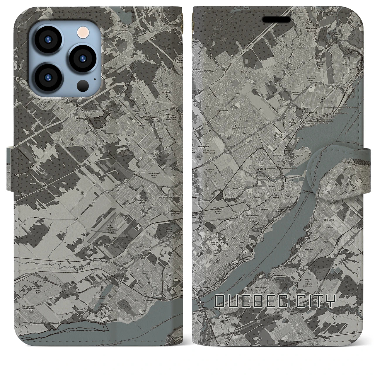 【ケベック・シティー(カナダ)】地図柄iPhoneケース(手帳タイプ)モノトーン・iPhone 13 Pro Max 用