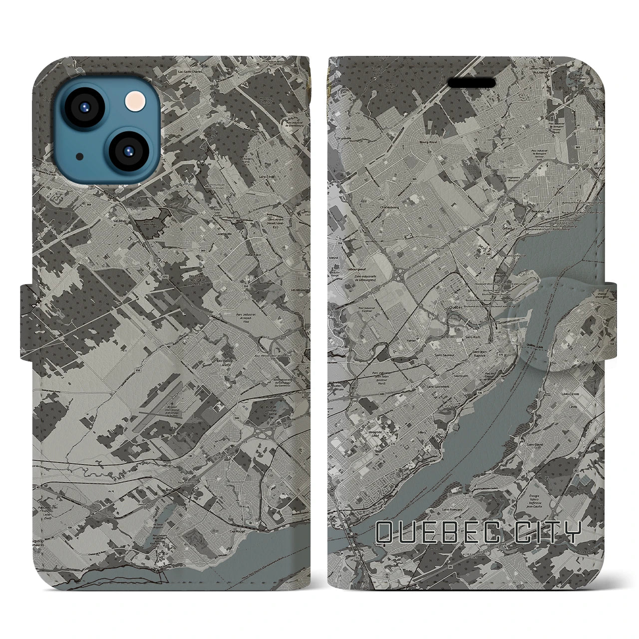 【ケベック・シティー(カナダ)】地図柄iPhoneケース(手帳タイプ)モノトーン・iPhone 13 用