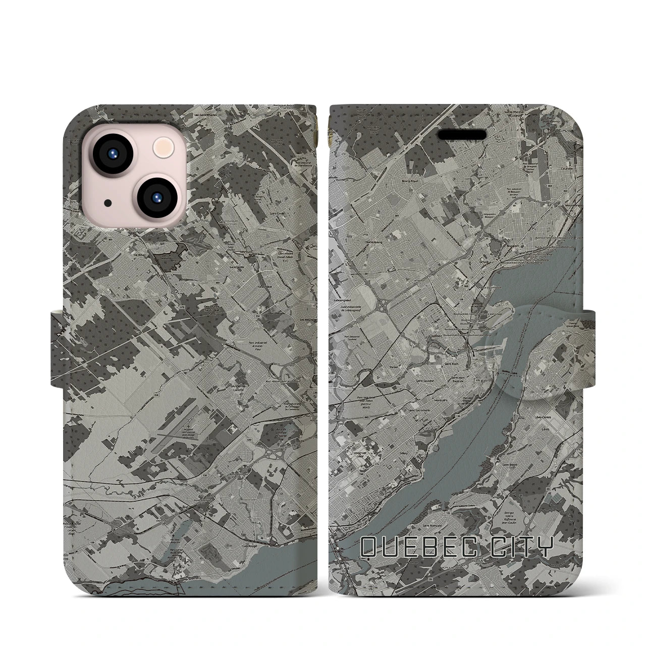 【ケベック・シティー(カナダ)】地図柄iPhoneケース(手帳タイプ)モノトーン・iPhone 13 mini 用