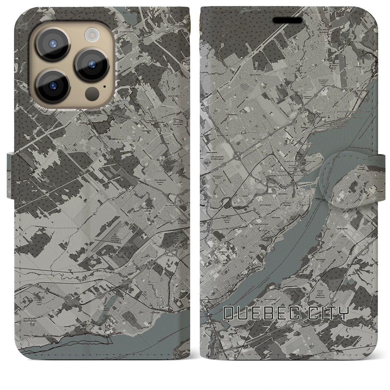 【ケベック・シティー(カナダ)】地図柄iPhoneケース(手帳タイプ)モノトーン・iPhone 14 Pro Max 用