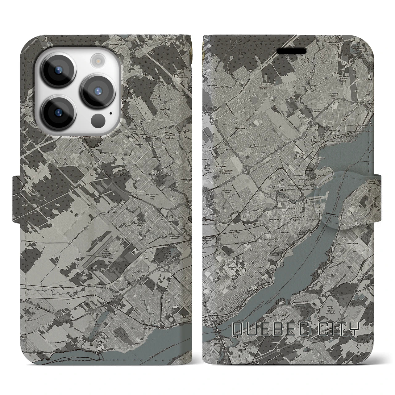 【ケベック・シティー(カナダ)】地図柄iPhoneケース(手帳タイプ)モノトーン・iPhone 14 Pro 用