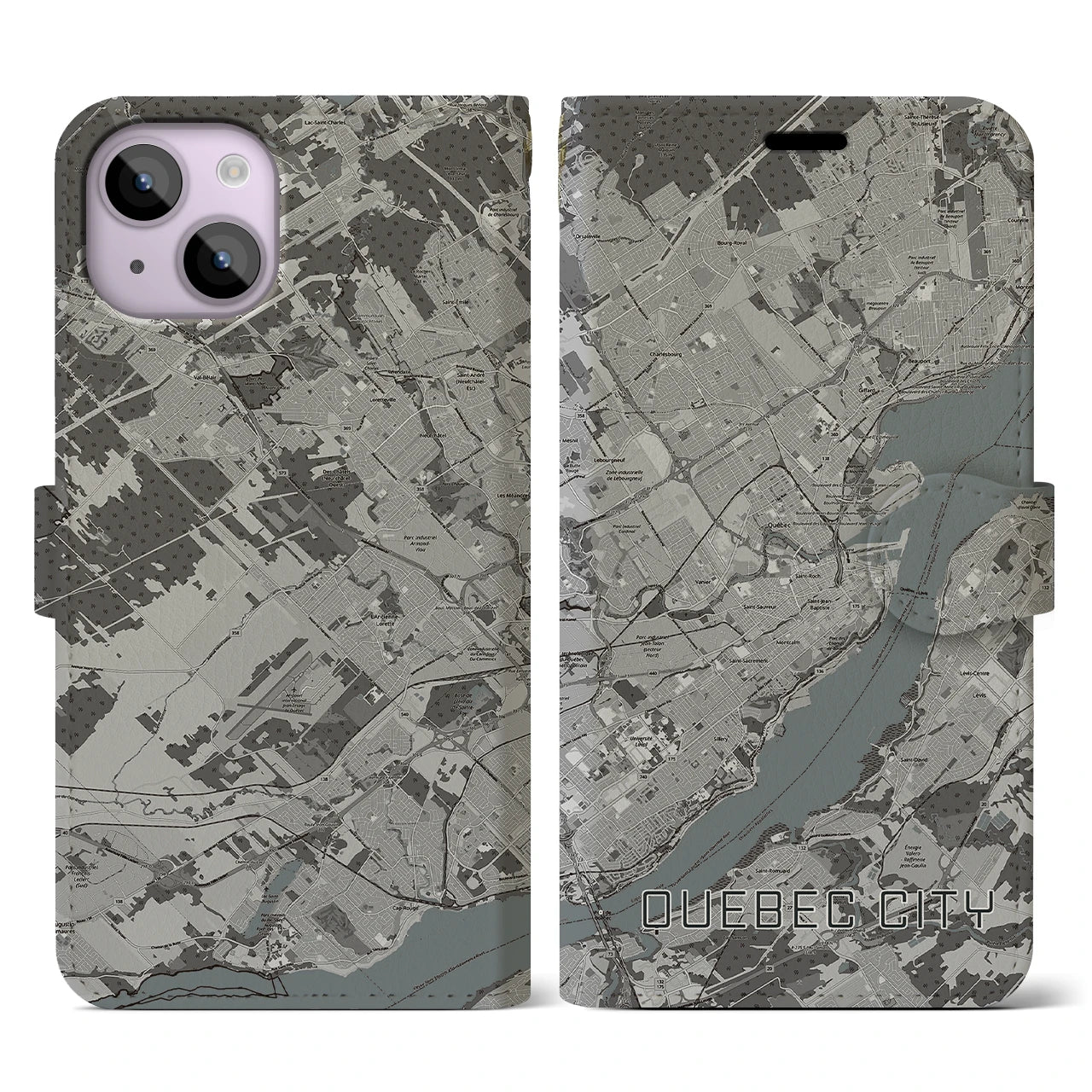 【ケベック・シティー(カナダ)】地図柄iPhoneケース(手帳タイプ)モノトーン・iPhone 14 用
