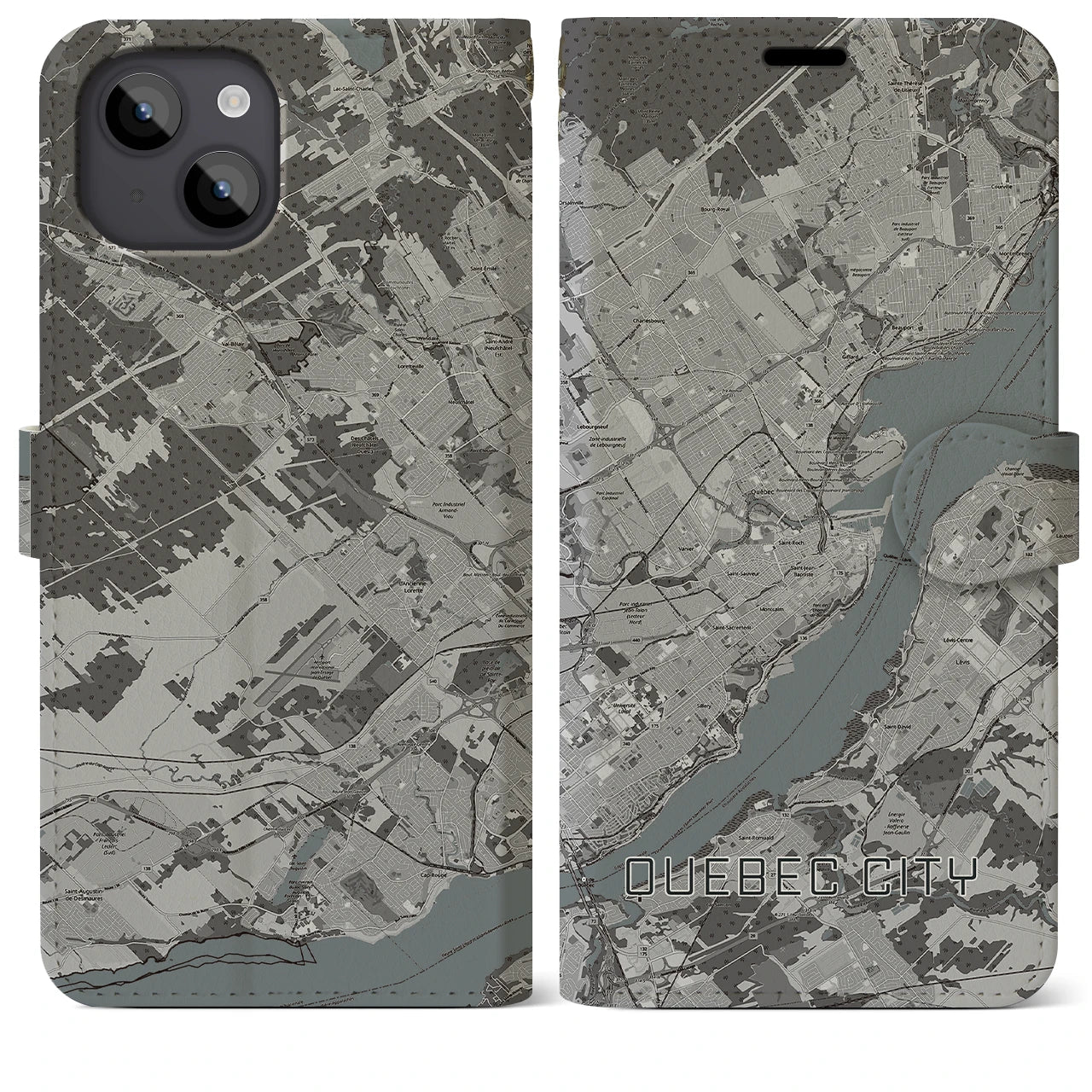 【ケベック・シティー(カナダ)】地図柄iPhoneケース(手帳タイプ)モノトーン・iPhone 14 Plus 用